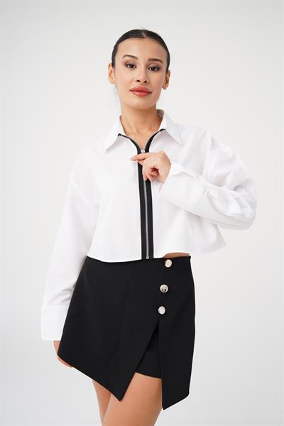 Ön Fermuarlı Crop Beyaz Gömlek