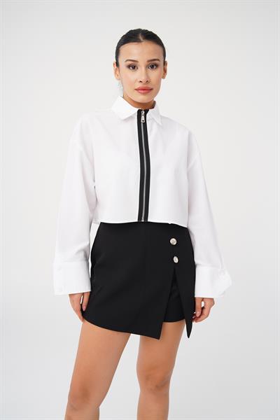 Ön Fermuarlı Crop Beyaz Gömlek