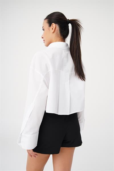Ön Fermuarlı Crop Beyaz Gömlek