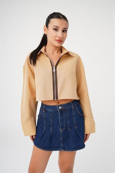 Ön Fermuarlı Crop Camel Gömlek