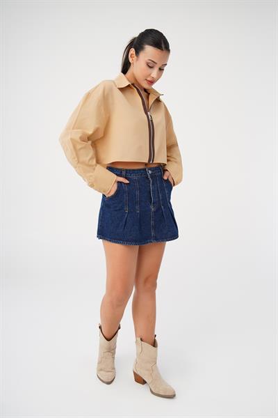 Ön Fermuarlı Crop Camel Gömlek