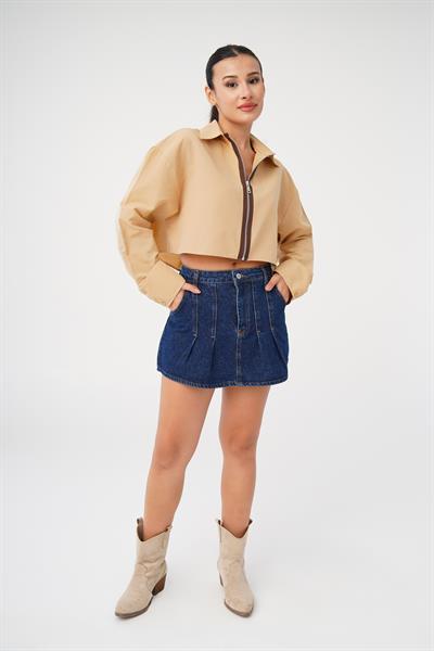 Ön Fermuarlı Crop Camel Gömlek