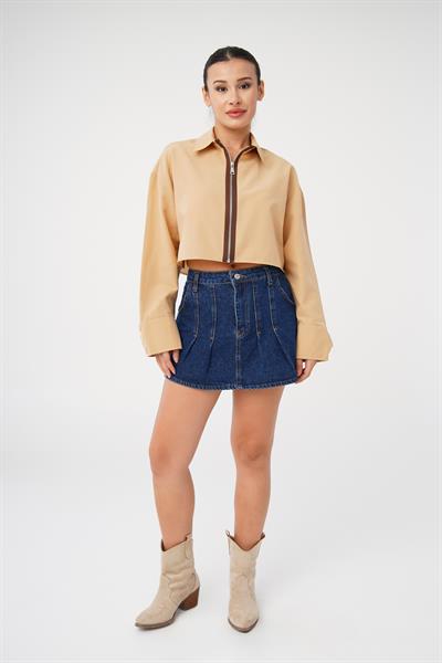 Ön Fermuarlı Crop Camel Gömlek