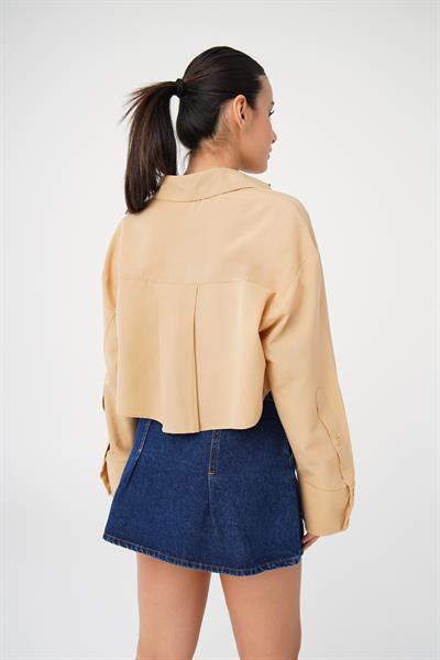 Ön Fermuarlı Crop Camel Gömlek