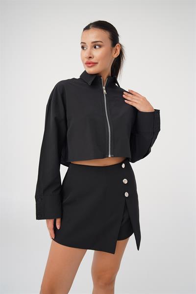 Ön Fermuarlı Crop Siyah Gömlek