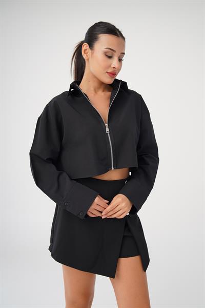 Ön Fermuarlı Crop Siyah Gömlek