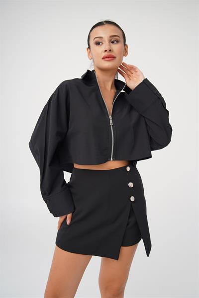 Ön Fermuarlı Crop Siyah Gömlek