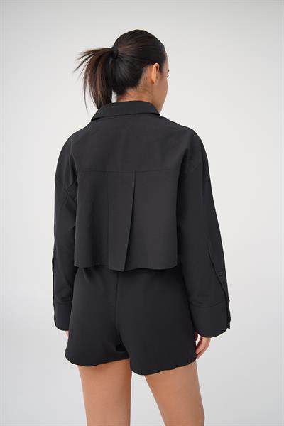 Ön Fermuarlı Crop Siyah Gömlek