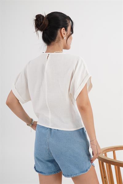 Ön Güpürlü Kısa Kol Ekru Bluz
