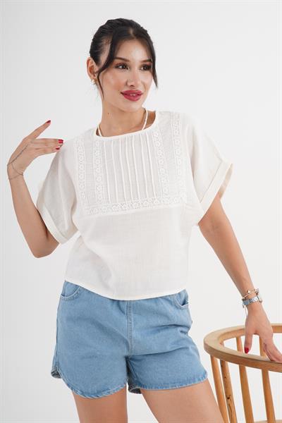 Ön Güpürlü Kısa Kol Ekru Bluz
