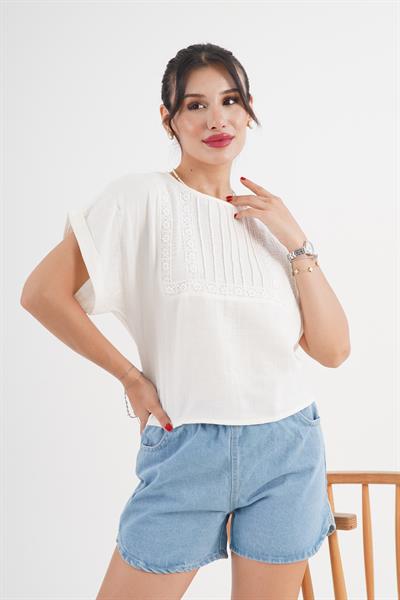 Ön Güpürlü Kısa Kol Ekru Bluz