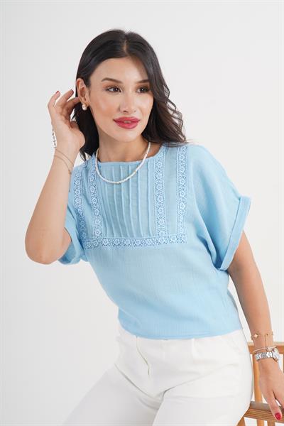 Ön Güpürlü Kısa Kol Mavi Bluz