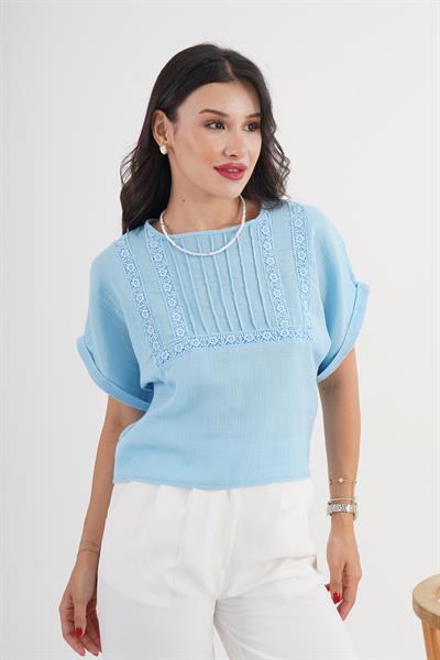 Ön Güpürlü Kısa Kol Mavi Bluz