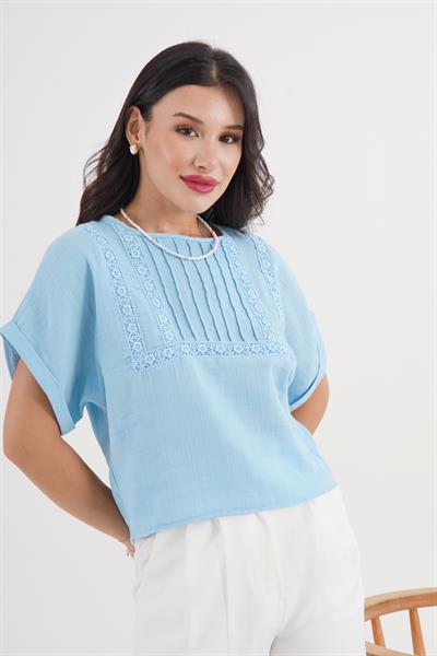 Ön Güpürlü Kısa Kol Mavi Bluz