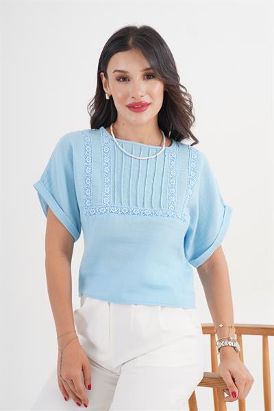 Ön Güpürlü Kısa Kol Mavi Bluz