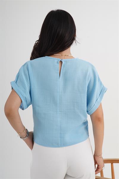 Ön Güpürlü Kısa Kol Mavi Bluz