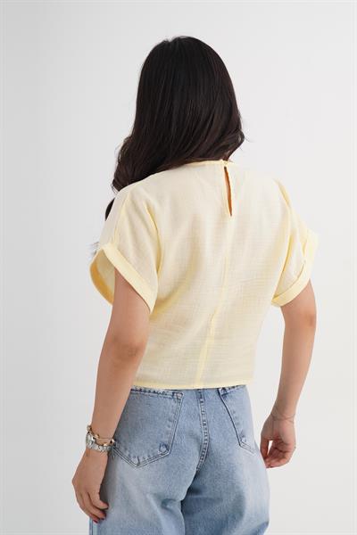 Ön Güpürlü Kısa Kol Sarı Bluz