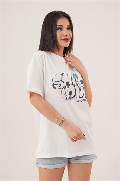 Arka ve Ön Start Now Baskılı Beyaz Basic Tişört