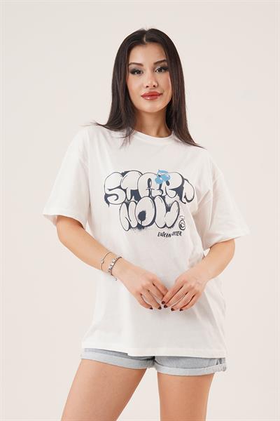 Arka ve Ön Start Now Baskılı Beyaz Basic Tişört