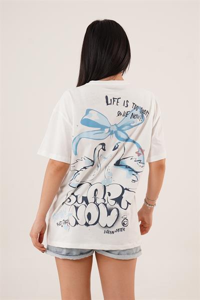 Arka ve Ön Start Now Baskılı Beyaz Basic Tişört