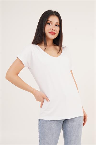 Ön ve Arka V Yaka Basic Beyaz Tişört