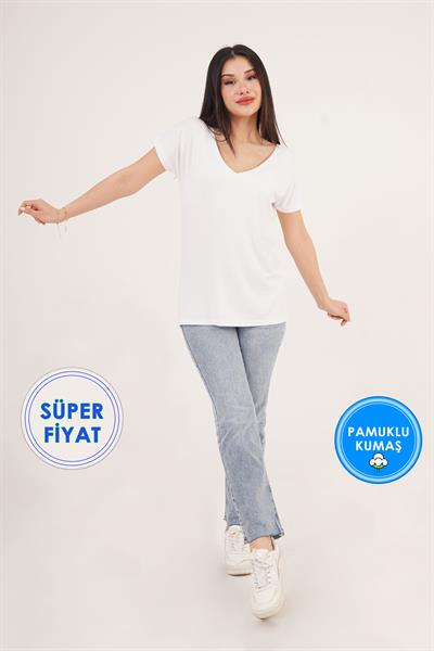 Ön ve Arka V Yaka Basic Beyaz Tişört