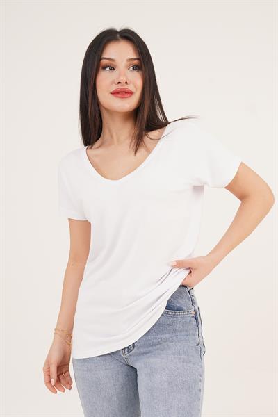 Ön ve Arka V Yaka Basic Beyaz Tişört