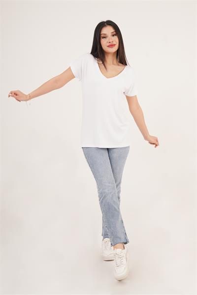 Ön ve Arka V Yaka Basic Beyaz Tişört