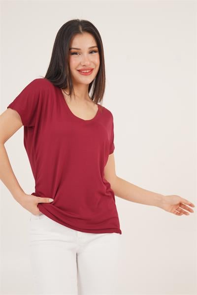 Ön ve Arka V Yaka Basic Bordo Tişört