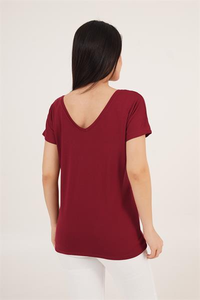 Ön ve Arka V Yaka Basic Bordo Tişört