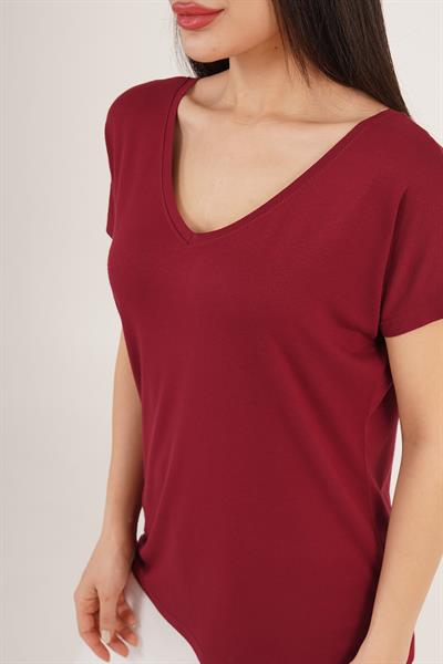 Ön ve Arka V Yaka Basic Bordo Tişört
