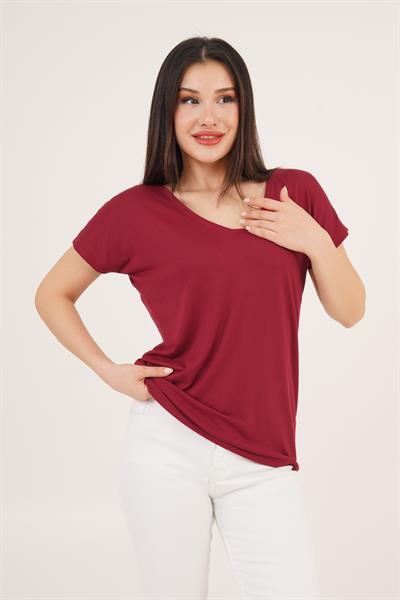 Ön ve Arka V Yaka Basic Bordo Tişört