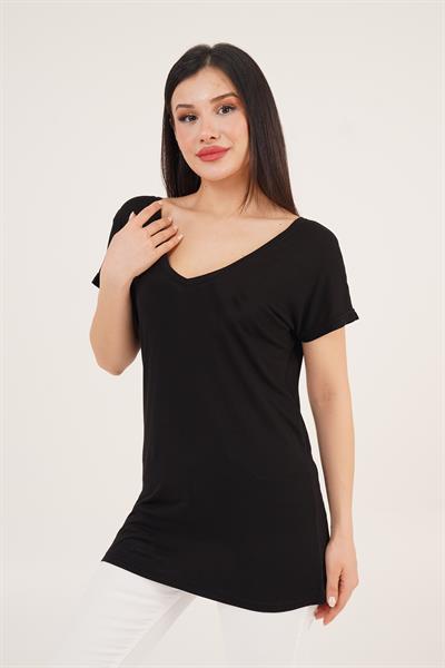 Ön ve Arka V Yaka Basic Siyah Tişört