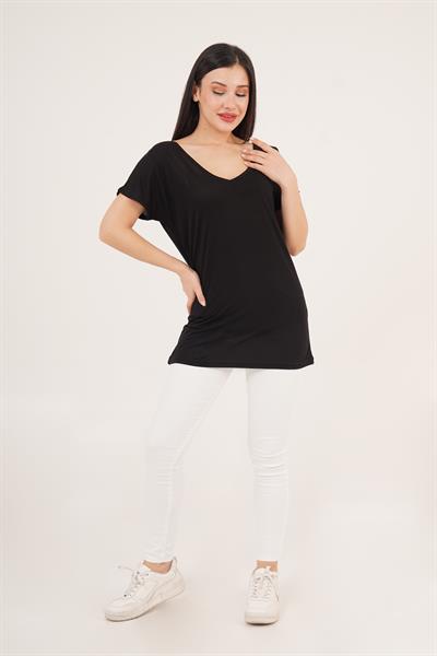 Ön ve Arka V Yaka Basic Siyah Tişört
