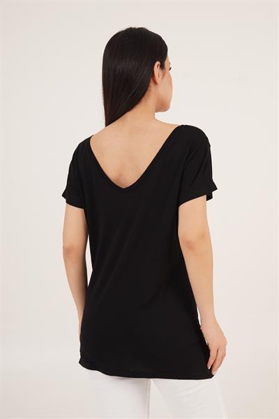Ön ve Arka V Yaka Basic Siyah Tişört