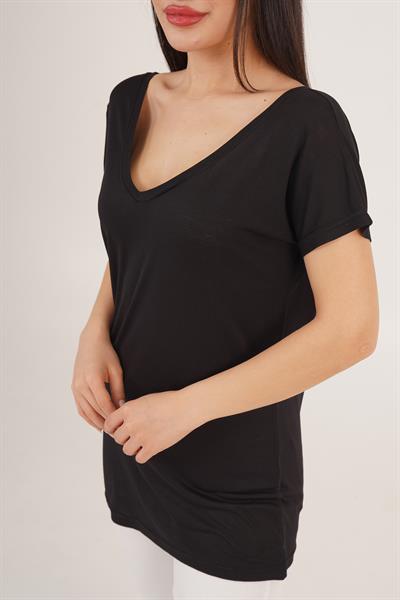 Ön ve Arka V Yaka Basic Siyah Tişört