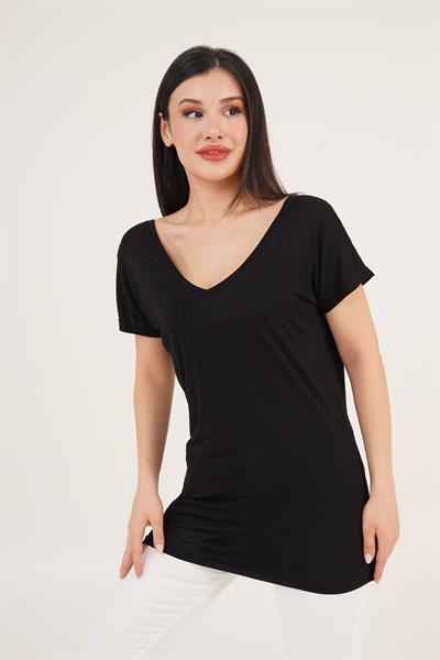 Ön ve Arka V Yaka Basic Siyah Tişört