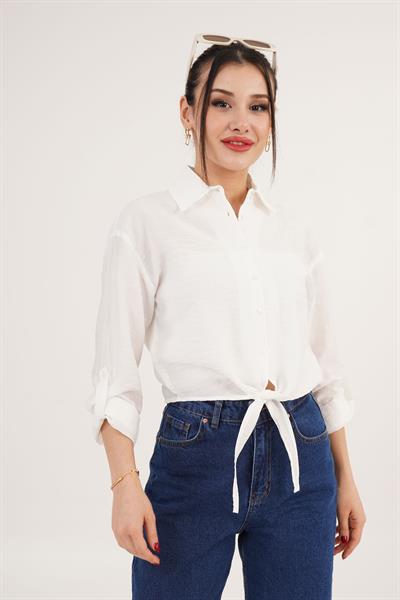 Bağlama Detaylı Çizgili Beyaz Crop Gömlek	