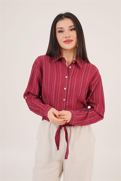 Bağlama Detaylı Çizgili Bordo Crop Gömlek