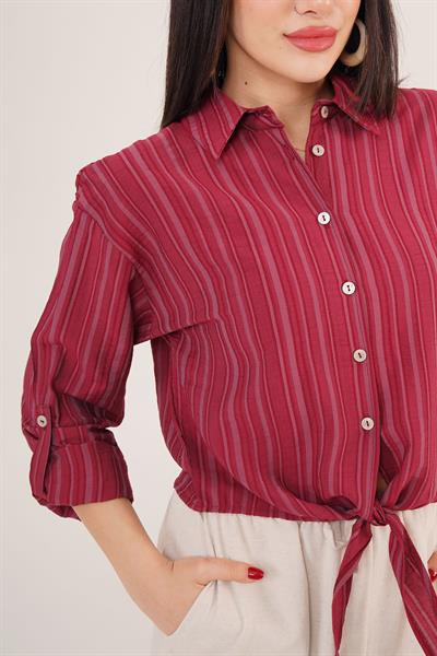 Bağlama Detaylı Çizgili Bordo Crop Gömlek