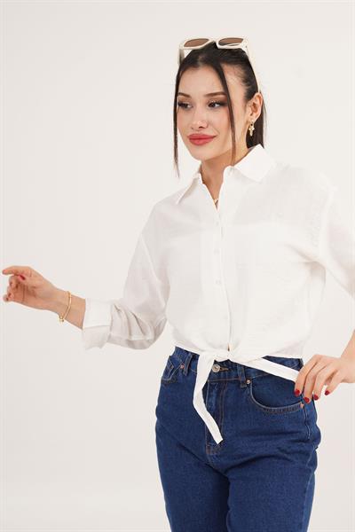 Bağlama Detaylı Çizgili Beyaz Crop Gömlek	