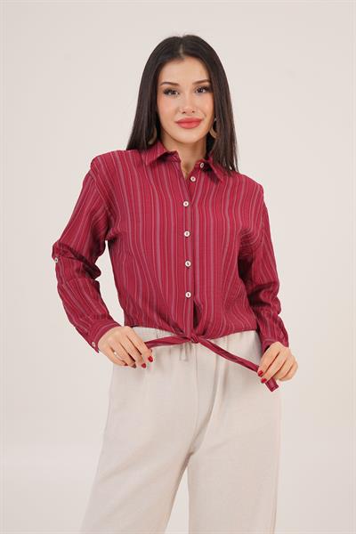 Bağlama Detaylı Çizgili Bordo Crop Gömlek