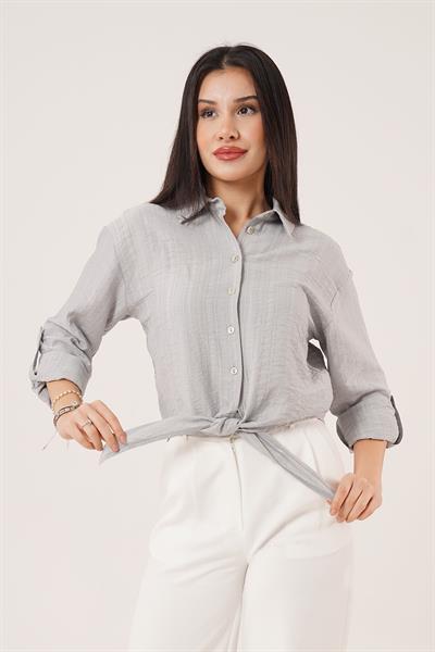 Bağlama Detaylı Çizgili Gri Crop Gömlek	