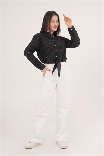 Bağlama Detaylı Çizgili Siyah Crop Gömlek	