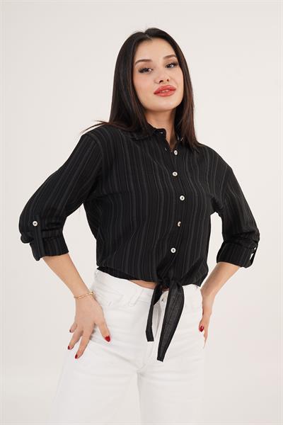 Bağlama Detaylı Çizgili Siyah Crop Gömlek	
