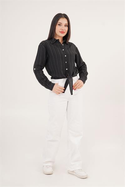 Bağlama Detaylı Çizgili Siyah Crop Gömlek	