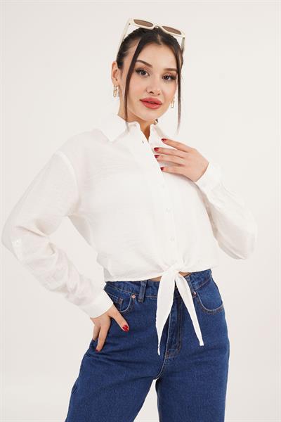 Bağlama Detaylı Çizgili Beyaz Crop Gömlek	
