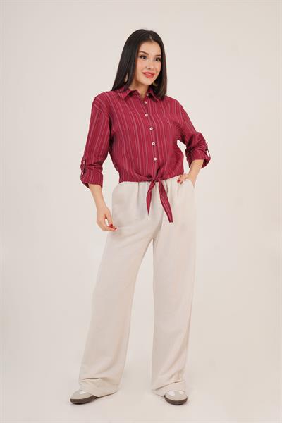 Bağlama Detaylı Çizgili Bordo Crop Gömlek
