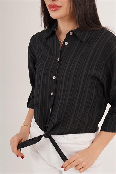 Bağlama Detaylı Çizgili Siyah Crop Gömlek	