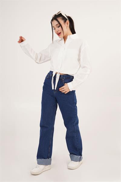 Bağlama Detaylı Çizgili Beyaz Crop Gömlek	